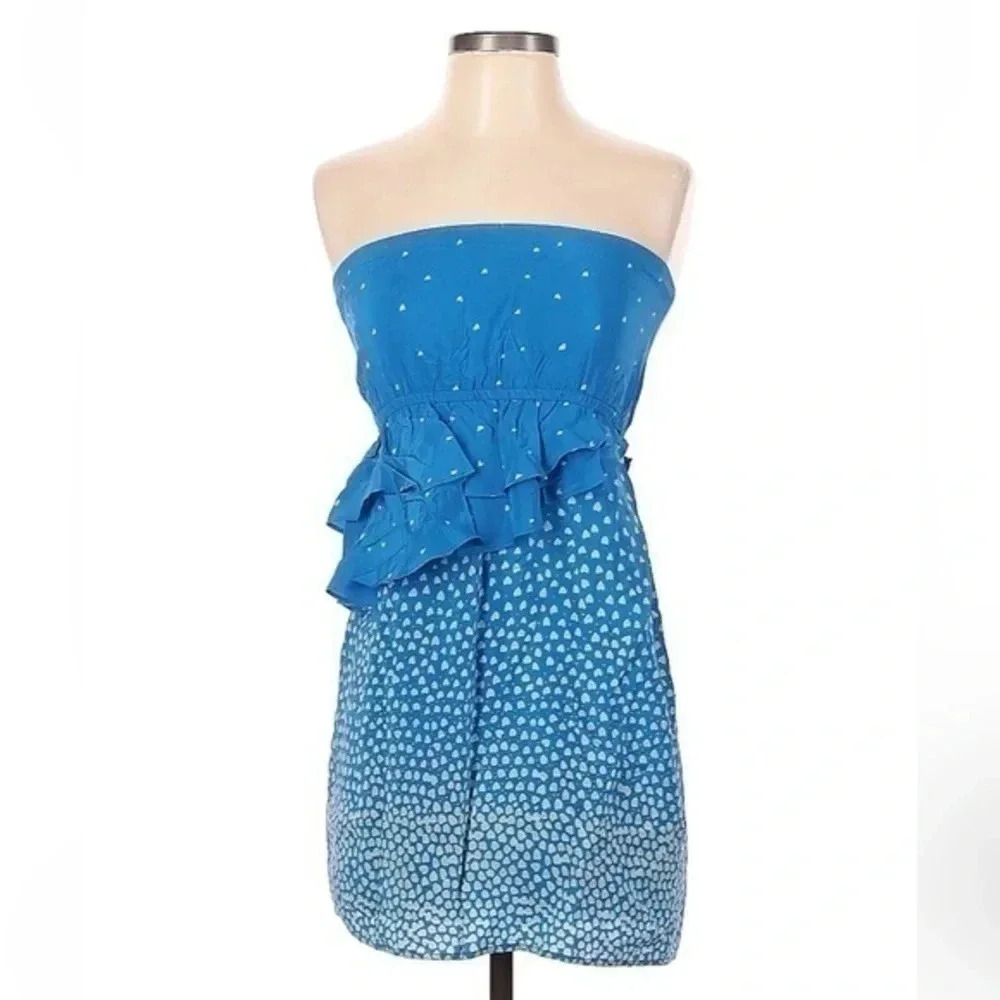 Yumi Kim | 100% Silk Blue w/ White Hearts Ruffle Strapless Dress Size XS